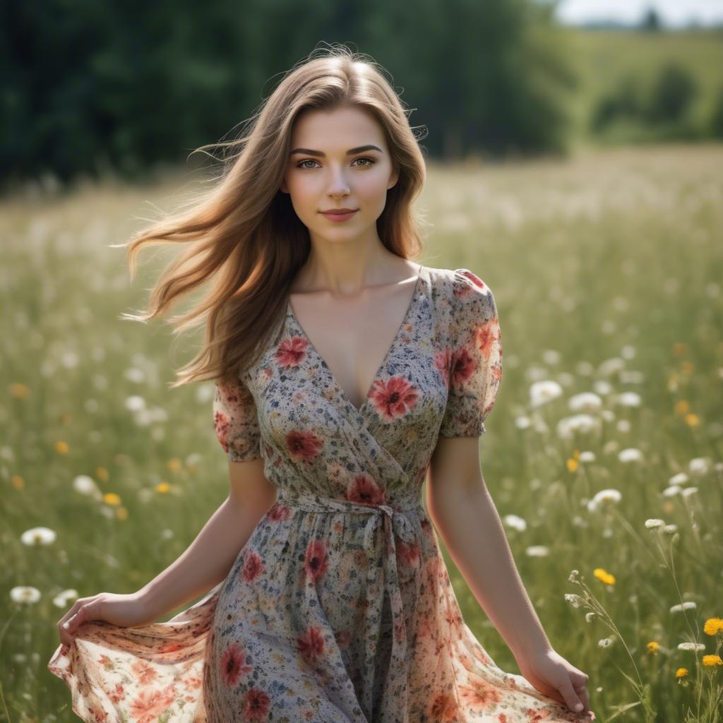 A stunning image of elegant girl in a floral dress in a sunny meadow.