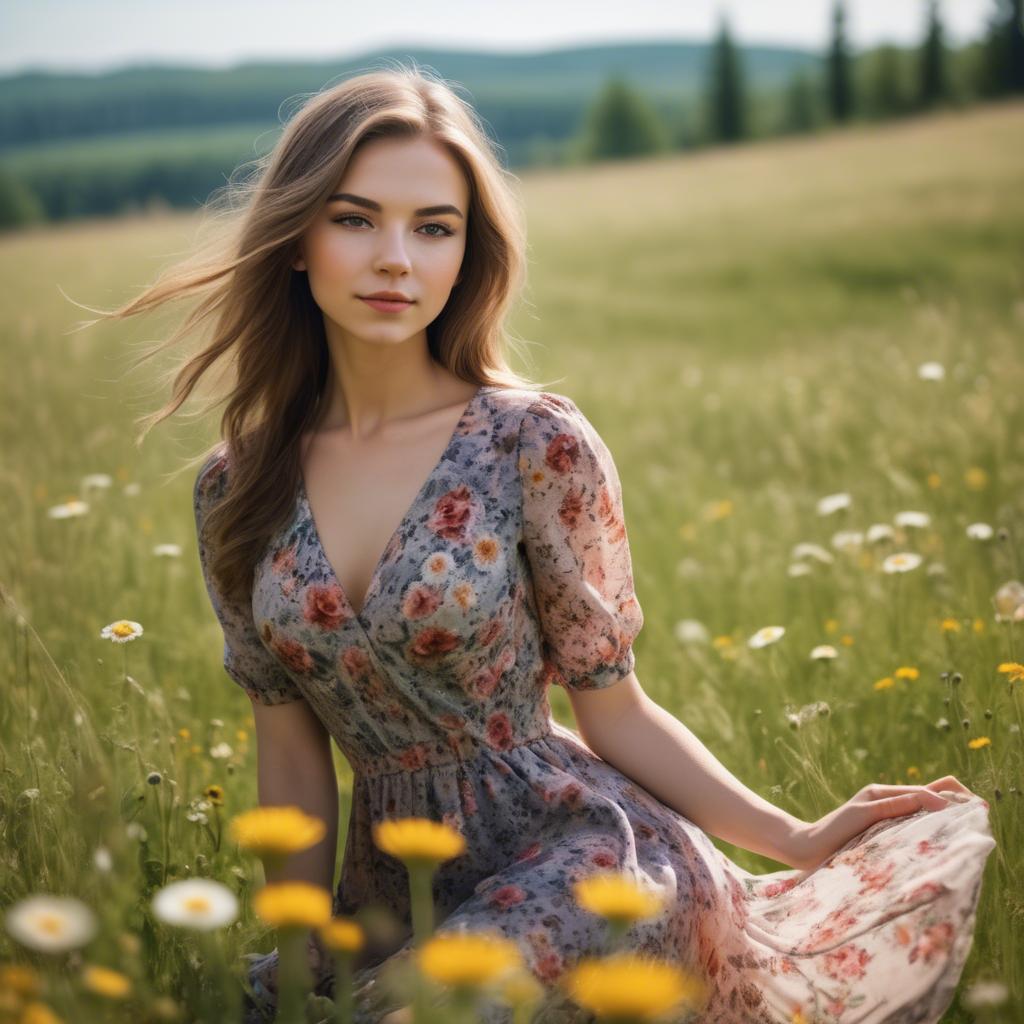 A stunning image of elegant girl in a floral dress in a sunny meadow.