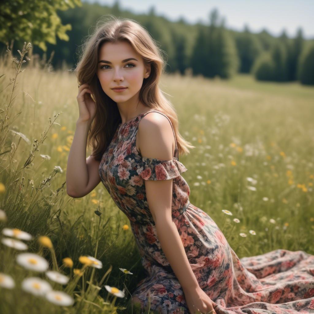 A stunning image of elegant girl in a floral dress in a sunny meadow.