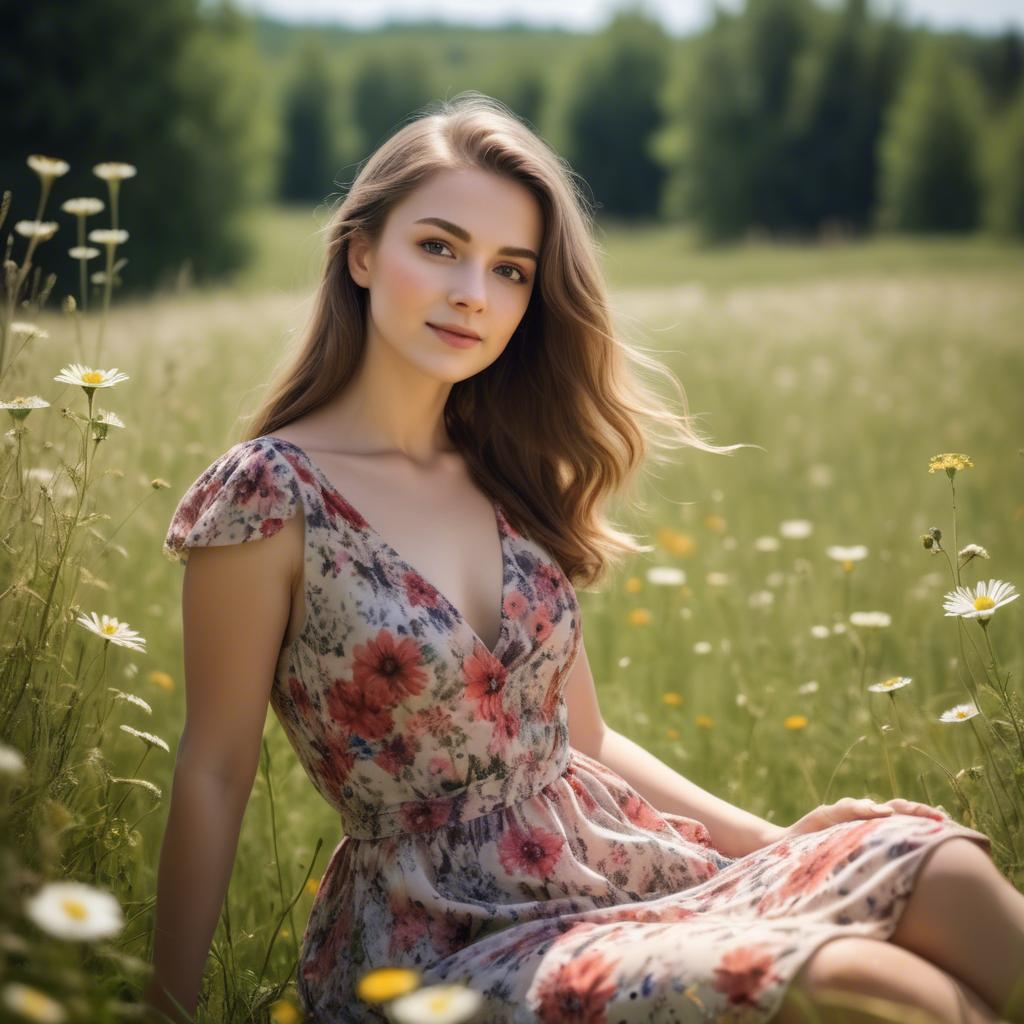 A stunning image of elegant girl in a floral dress in a sunny meadow.