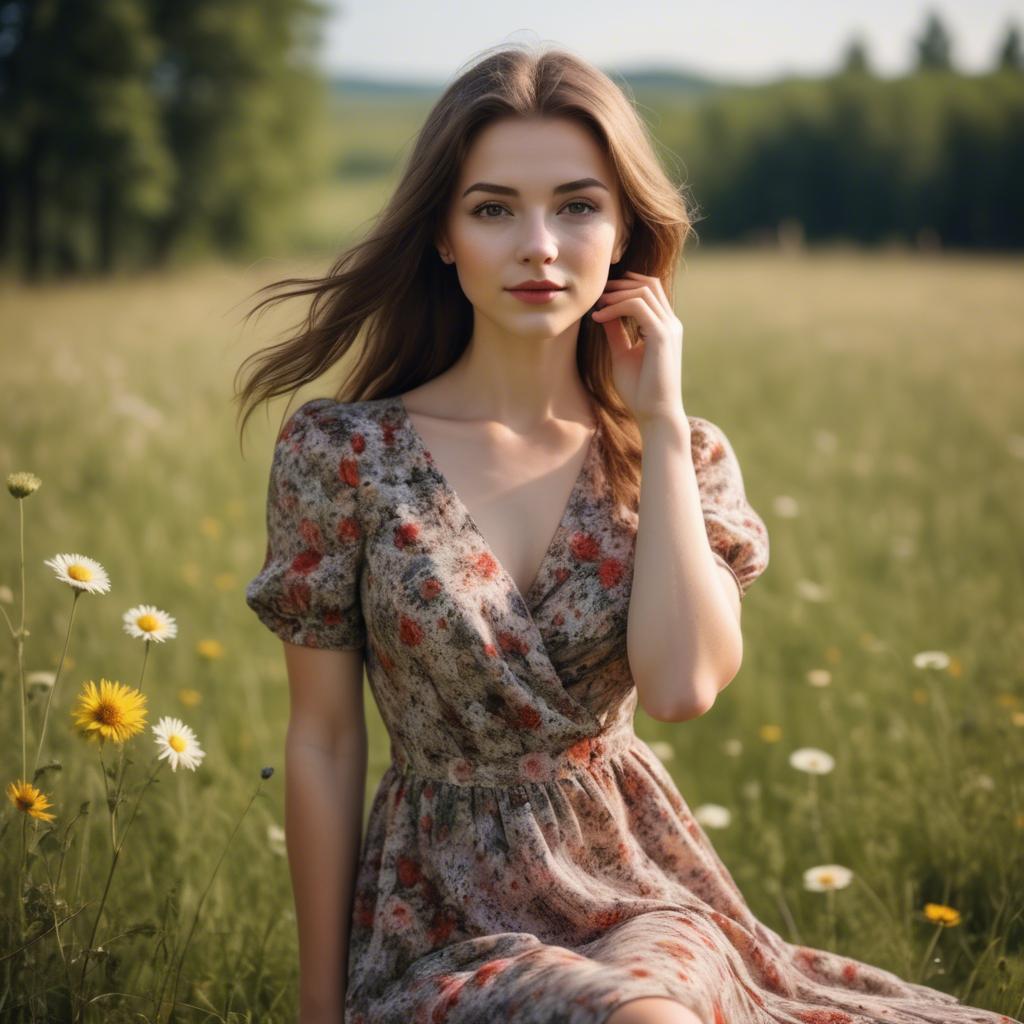 A stunning image of elegant girl in a floral dress in a sunny meadow.