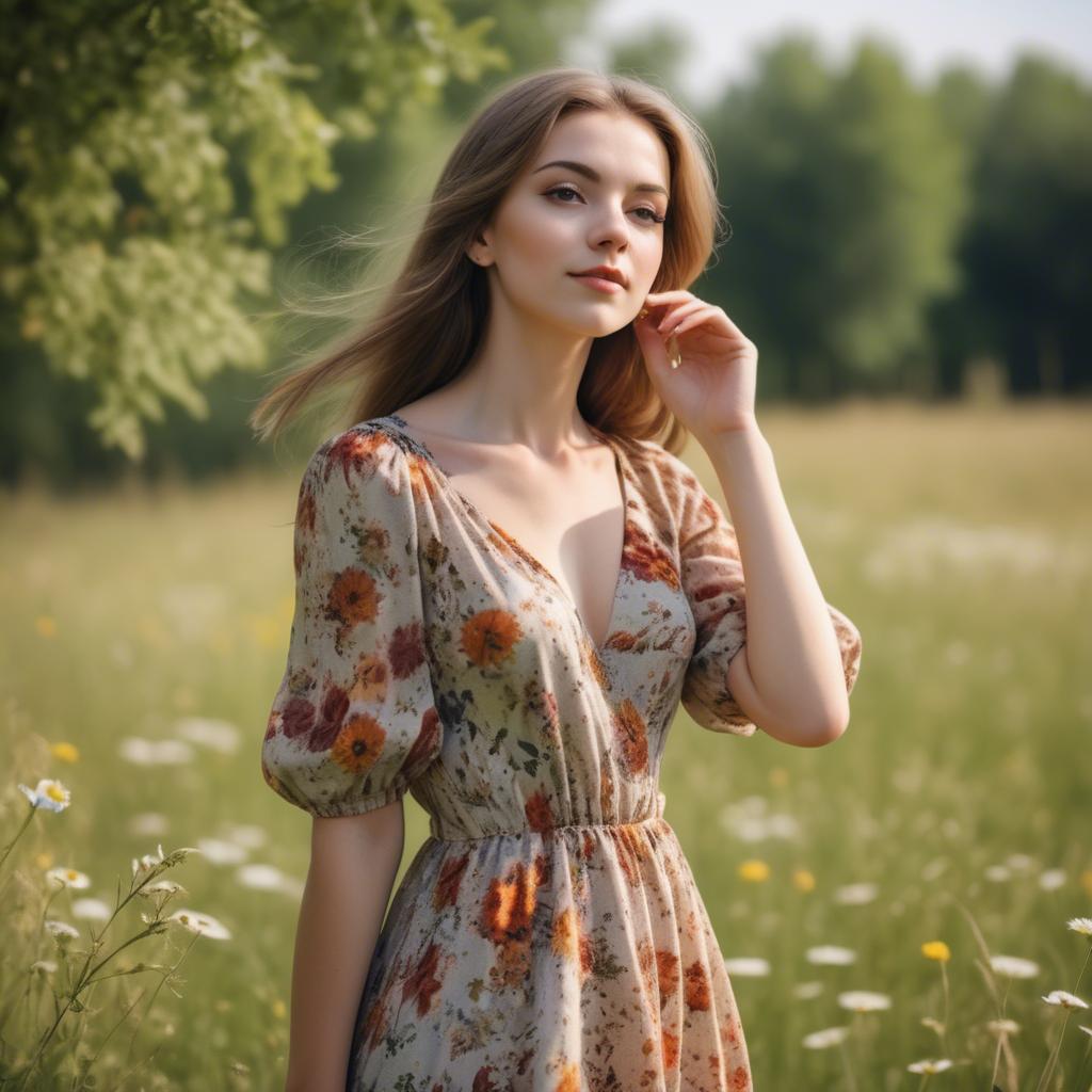 A stunning image of elegant girl in a floral dress in a sunny meadow.