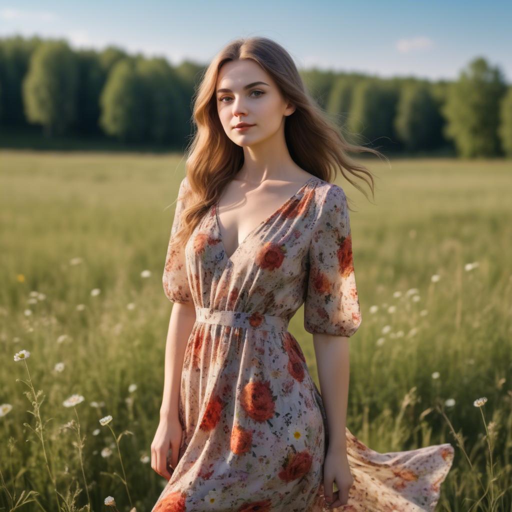 A stunning image of elegant girl in a floral dress in a sunny meadow.