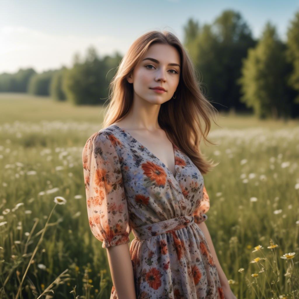 A stunning image of elegant girl in a floral dress in a sunny meadow.