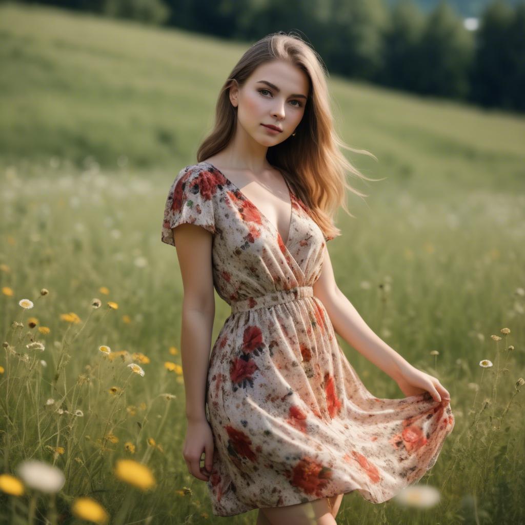 A stunning image of elegant girl in a floral dress in a sunny meadow.