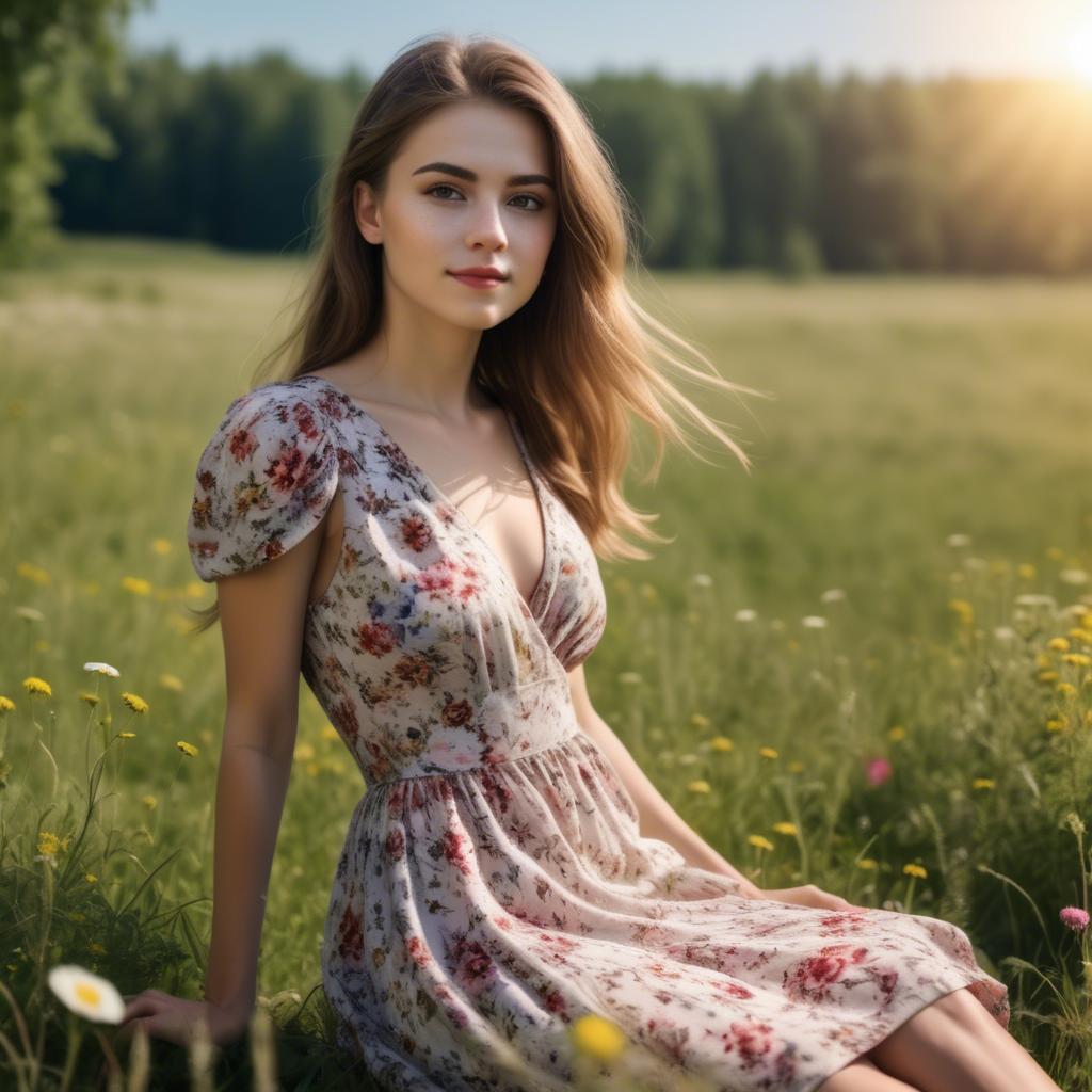 A stunning image of elegant girl in a floral dress in a sunny meadow.