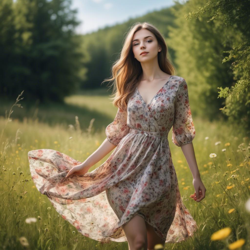 A stunning image of elegant girl in a floral dress in a sunny meadow.