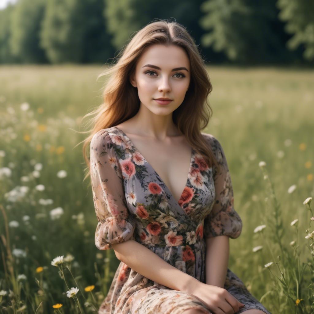 A stunning image of elegant girl in a floral dress in a sunny meadow.