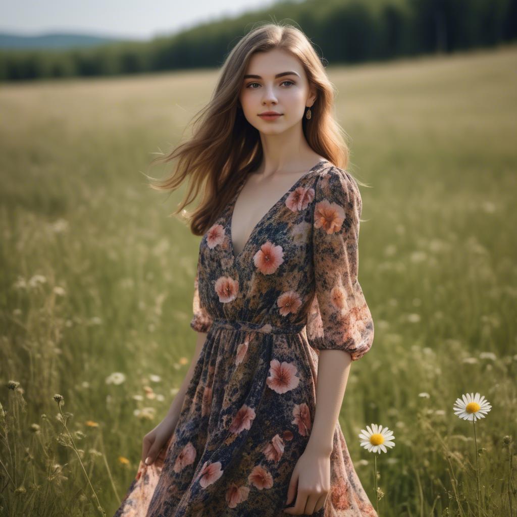 A stunning image of elegant girl in a floral dress in a sunny meadow.