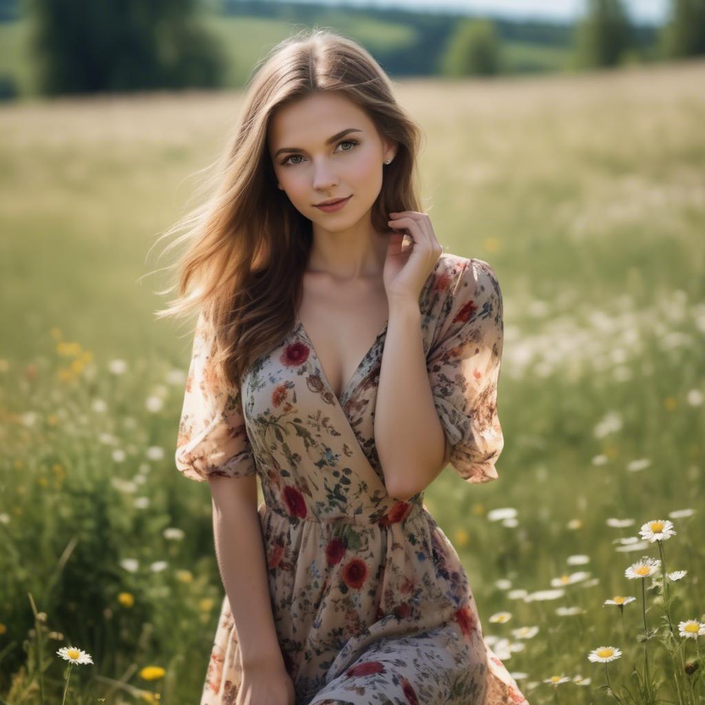 A stunning image of elegant girl in a floral dress in a sunny meadow.