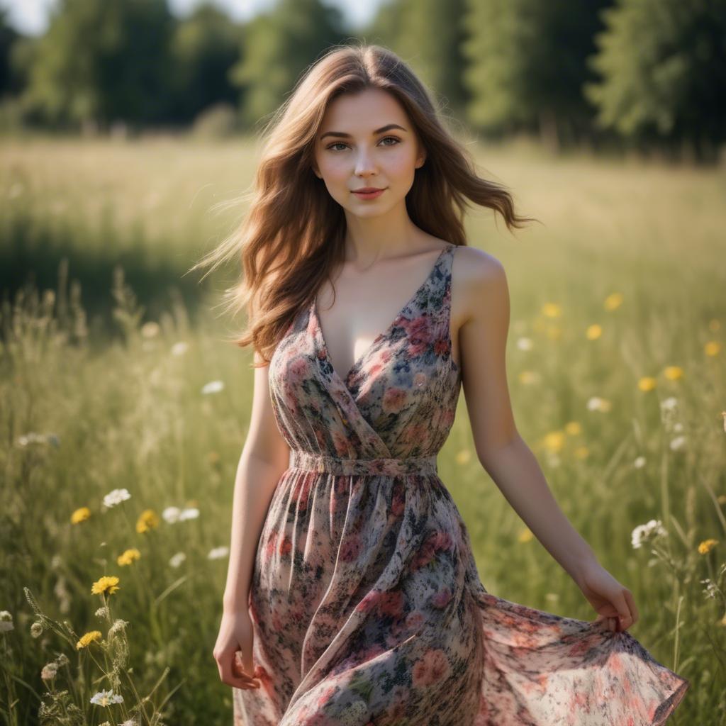 A stunning image of elegant girl in a floral dress in a sunny meadow.
