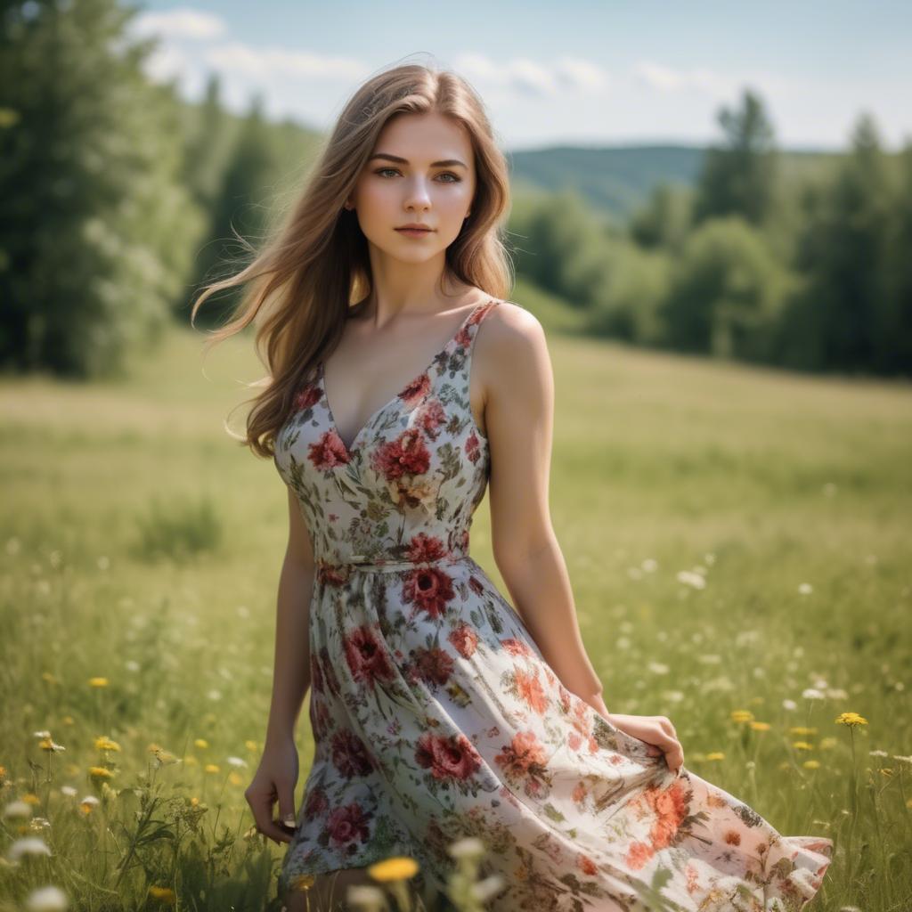 A stunning image of elegant girl in a floral dress in a sunny meadow.
