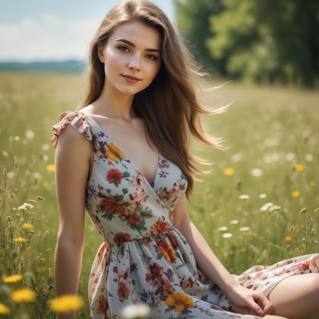 A stunning image of elegant girl in a floral dress in a sunny meadow.