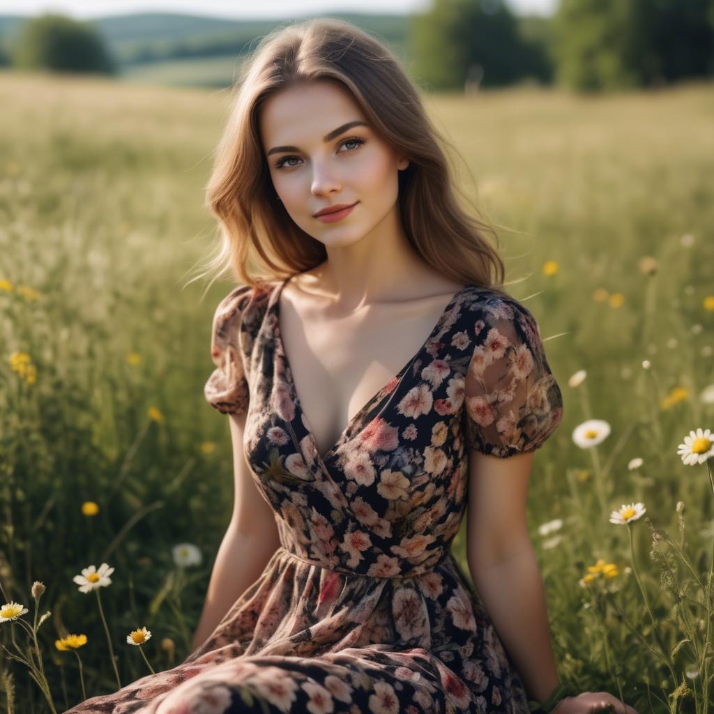 A stunning image of elegant girl in a floral dress in a sunny meadow.