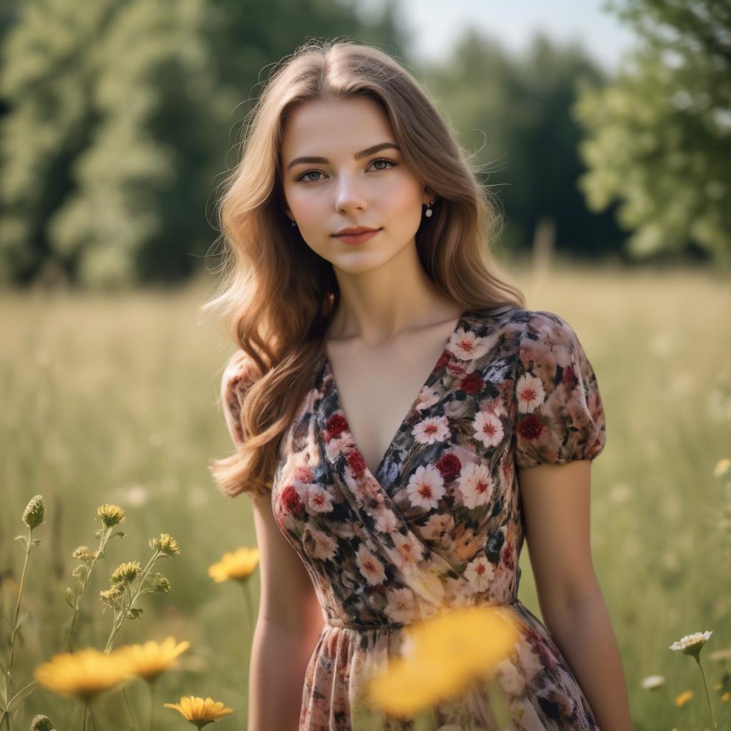 A stunning image of elegant girl in a floral dress in a sunny meadow.