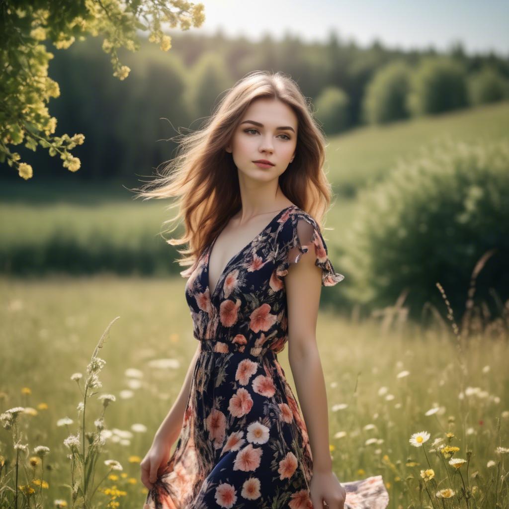 A stunning image of elegant girl in a floral dress in a sunny meadow.