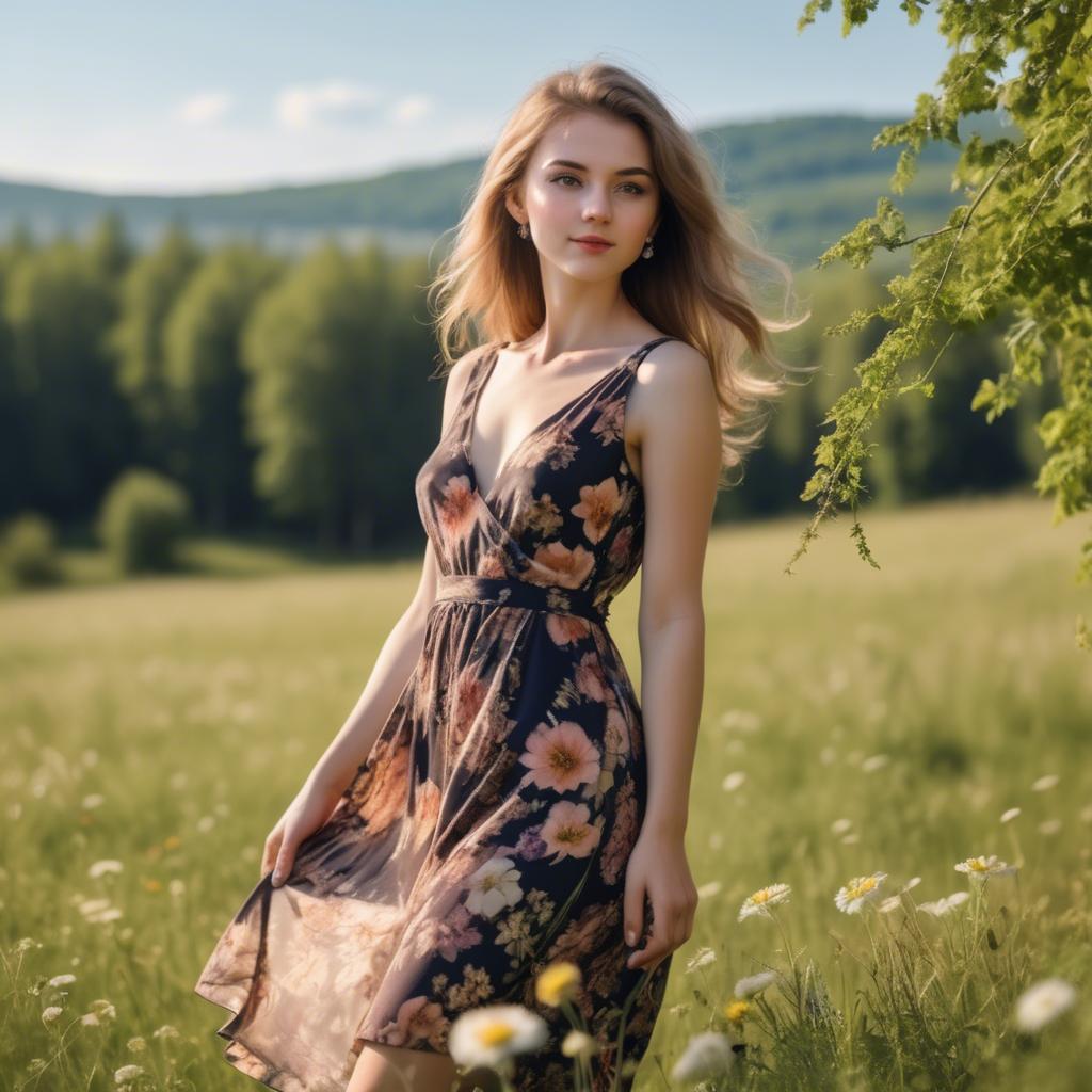 A stunning image of elegant girl in a floral dress in a sunny meadow.