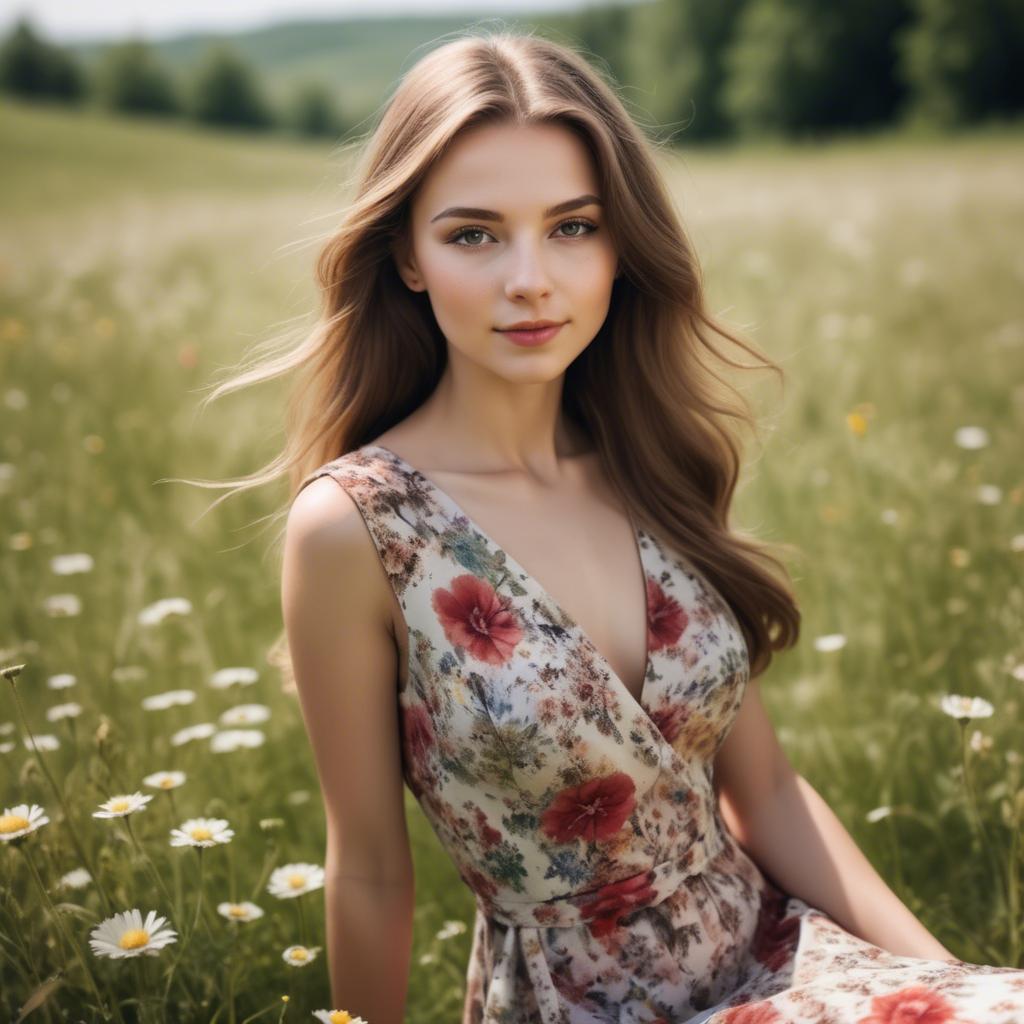 A stunning image of elegant girl in a floral dress in a sunny meadow.