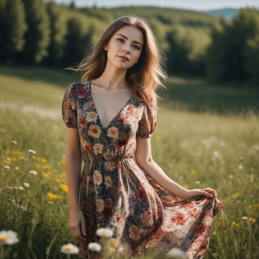 A stunning image of elegant girl in a floral dress in a sunny meadow.