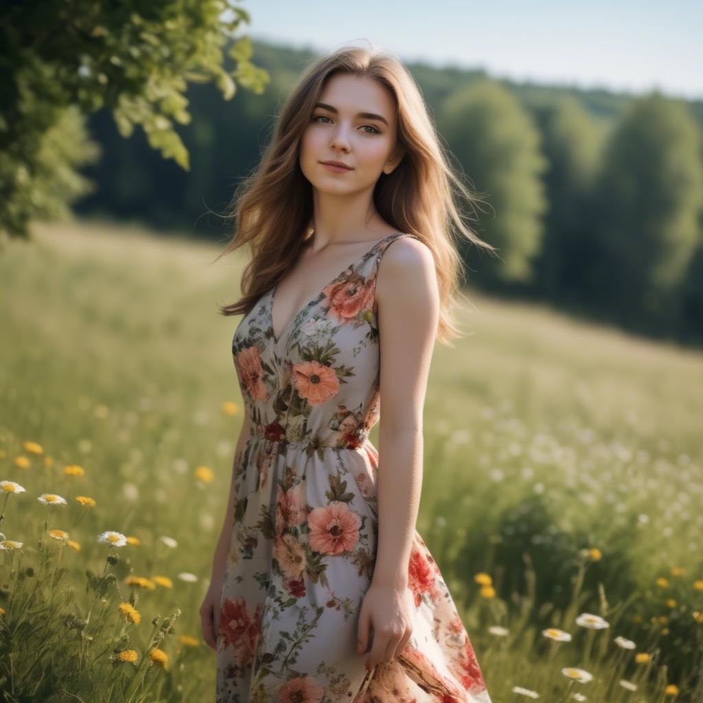 A stunning image of elegant girl in a floral dress in a sunny meadow.
