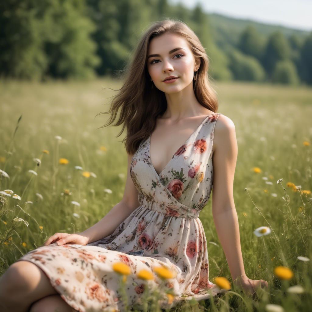 A stunning image of elegant girl in a floral dress in a sunny meadow.