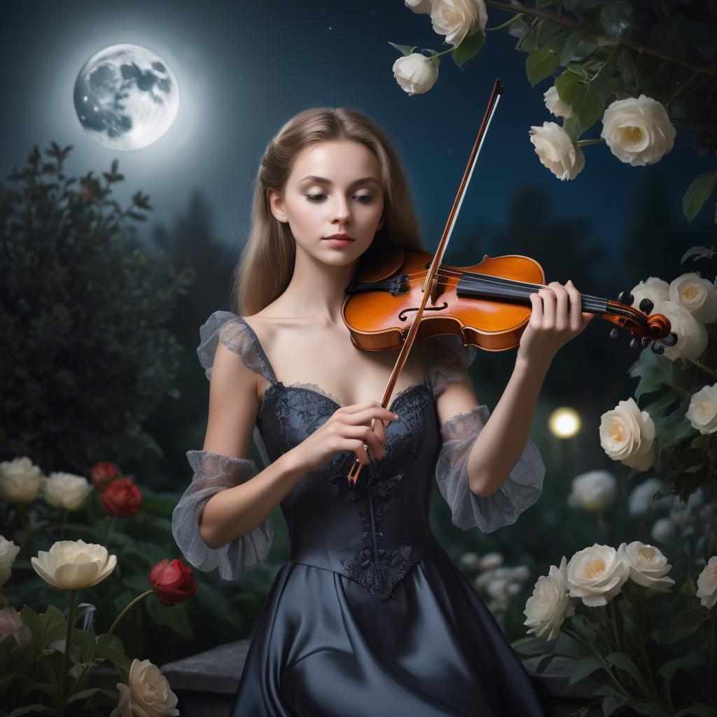 A stunning image of elegant girl with a violin in a moonlit garden.
