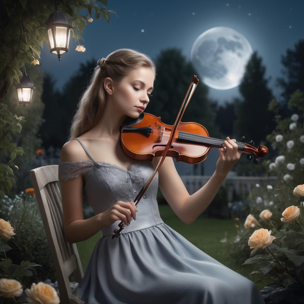 A stunning image of elegant girl with a violin in a moonlit garden.
