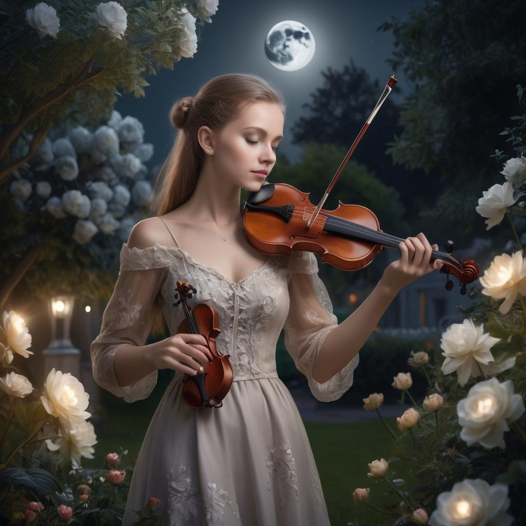 A stunning image of elegant girl with a violin in a moonlit garden.