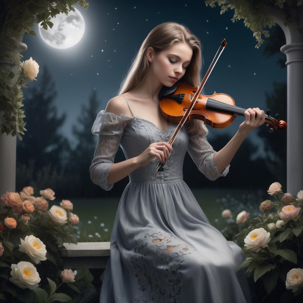 A stunning image of elegant girl with a violin in a moonlit garden.