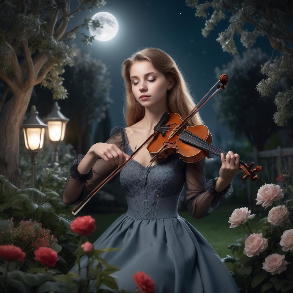 A stunning image of elegant girl with a violin in a moonlit garden.