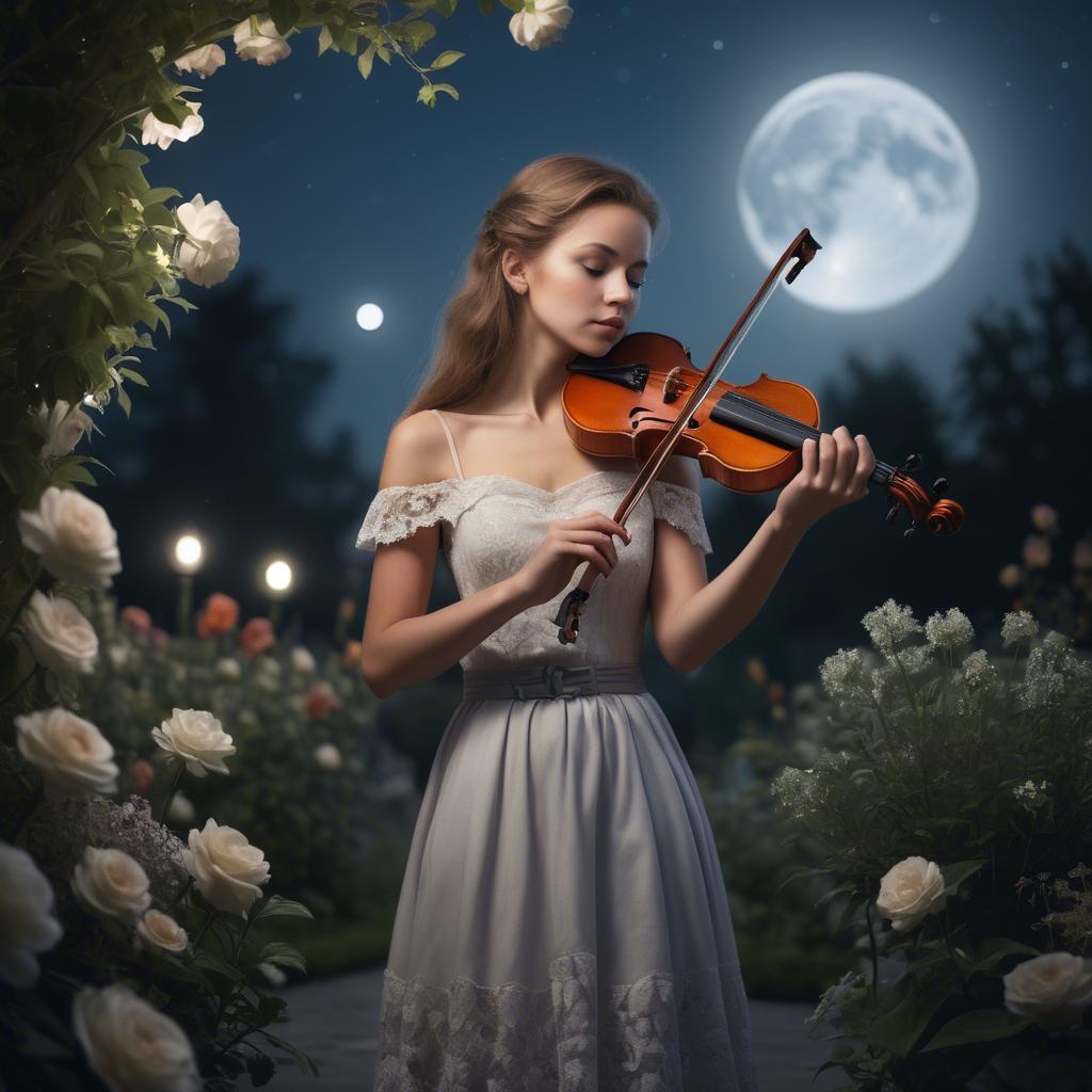 A stunning image of elegant girl with a violin in a moonlit garden.