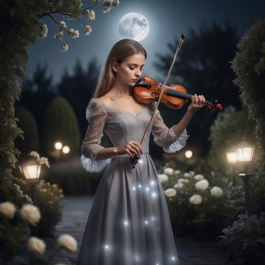 A stunning image of elegant girl with a violin in a moonlit garden.