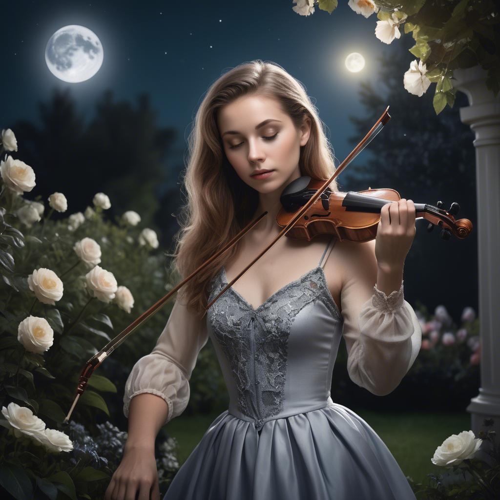 A stunning image of elegant girl with a violin in a moonlit garden.