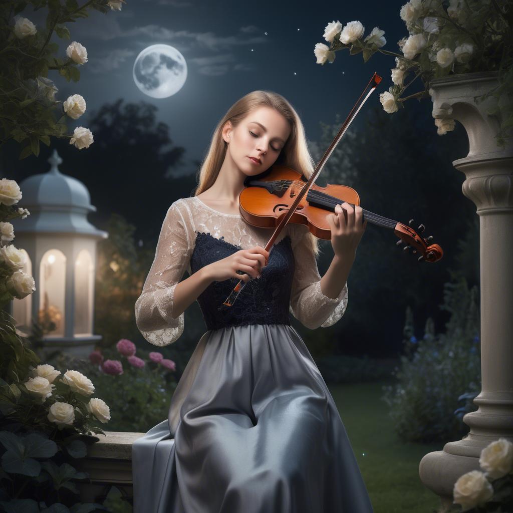 A stunning image of elegant girl with a violin in a moonlit garden.