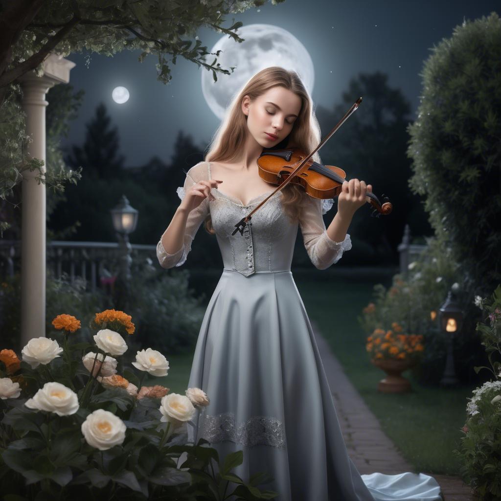 A stunning image of elegant girl with a violin in a moonlit garden.
