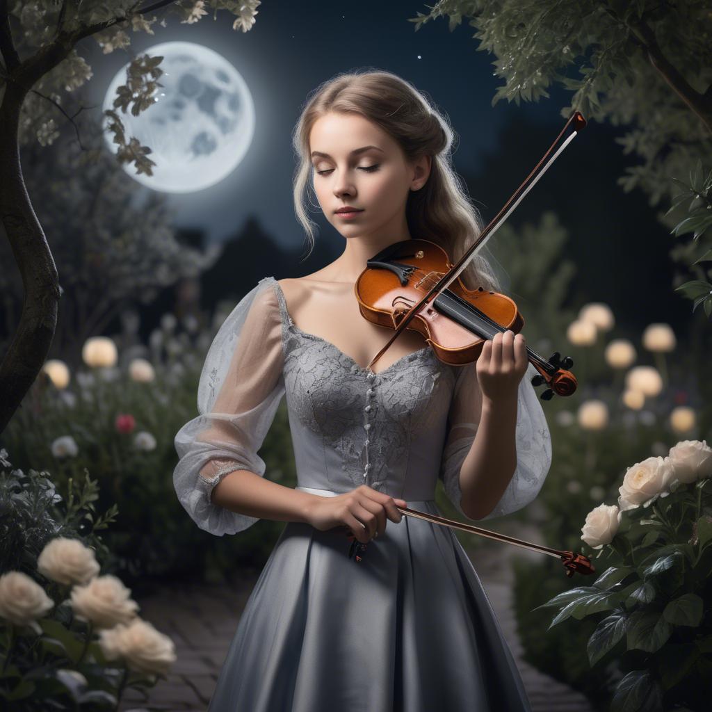 A stunning image of elegant girl with a violin in a moonlit garden.