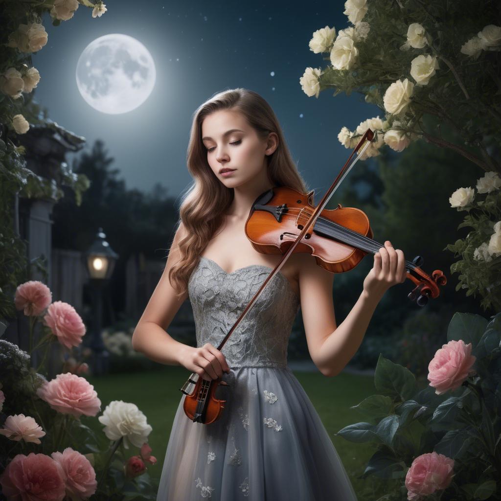 A stunning image of elegant girl with a violin in a moonlit garden.