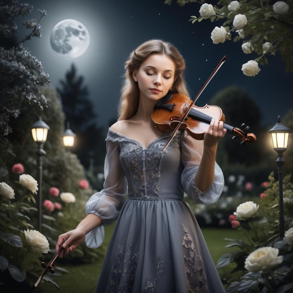 A stunning image of elegant girl with a violin in a moonlit garden.