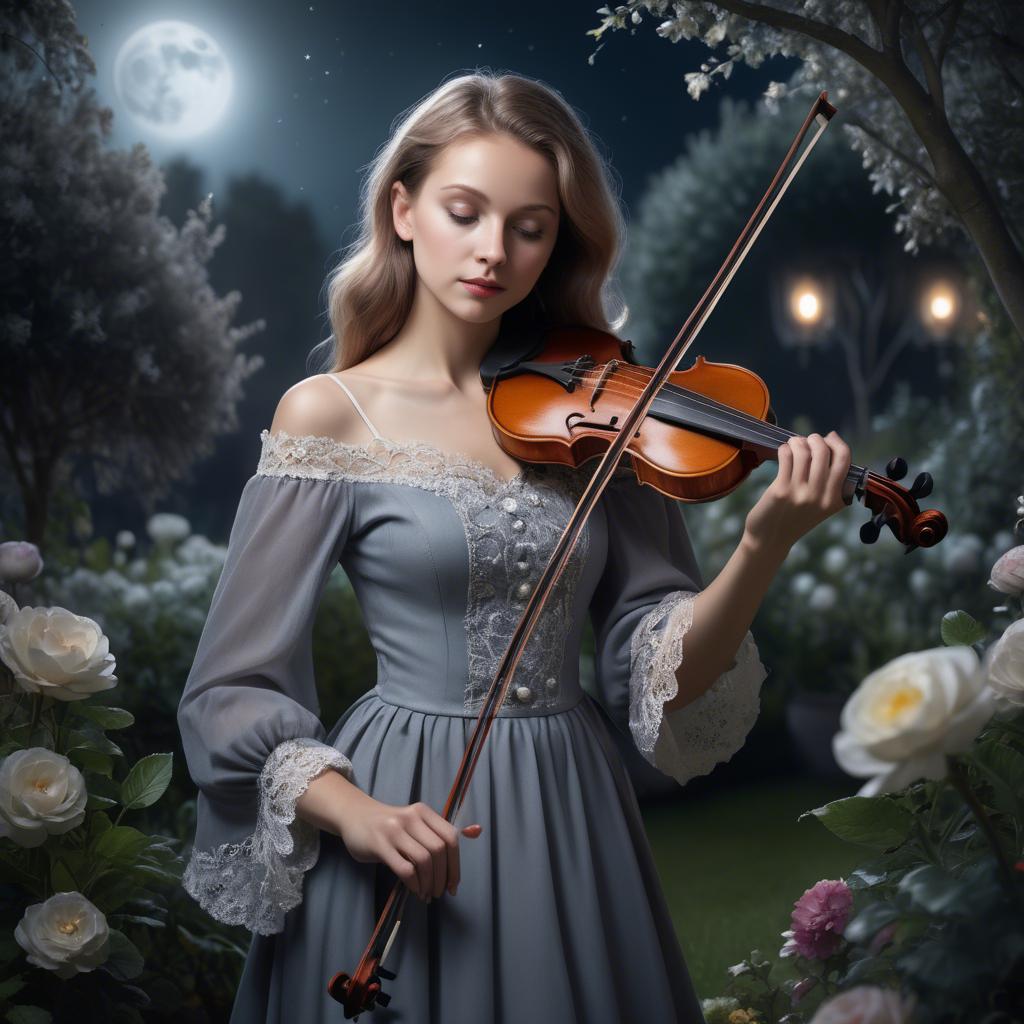 A stunning image of elegant girl with a violin in a moonlit garden.