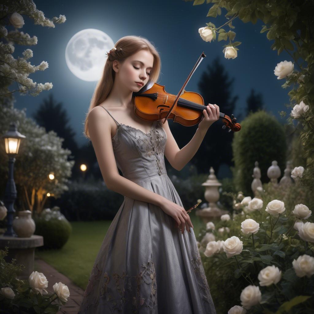 A stunning image of elegant girl with a violin in a moonlit garden.