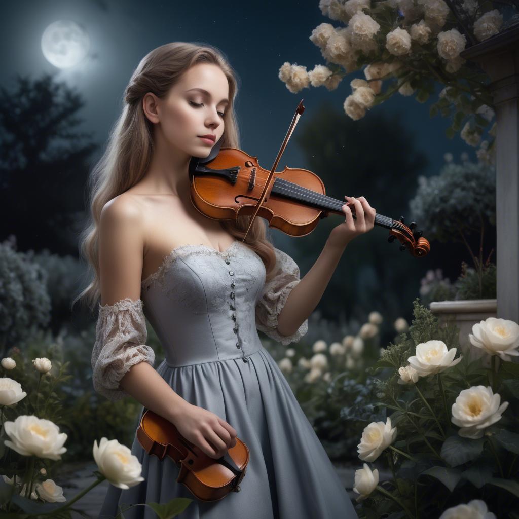 A stunning image of elegant girl with a violin in a moonlit garden.