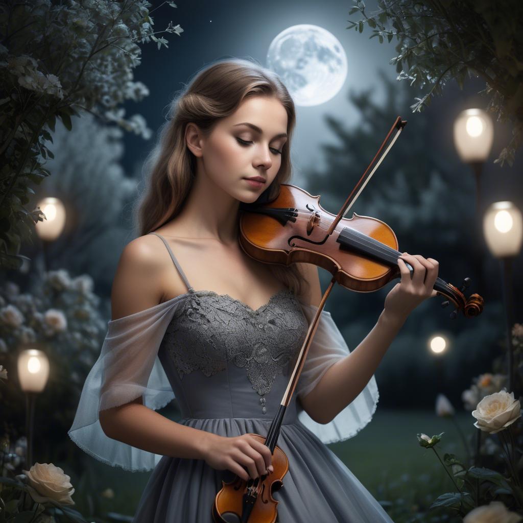 A stunning image of elegant girl with a violin in a moonlit garden.
