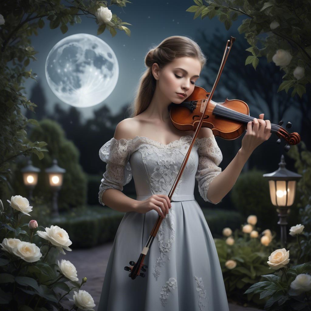 A stunning image of elegant girl with a violin in a moonlit garden.