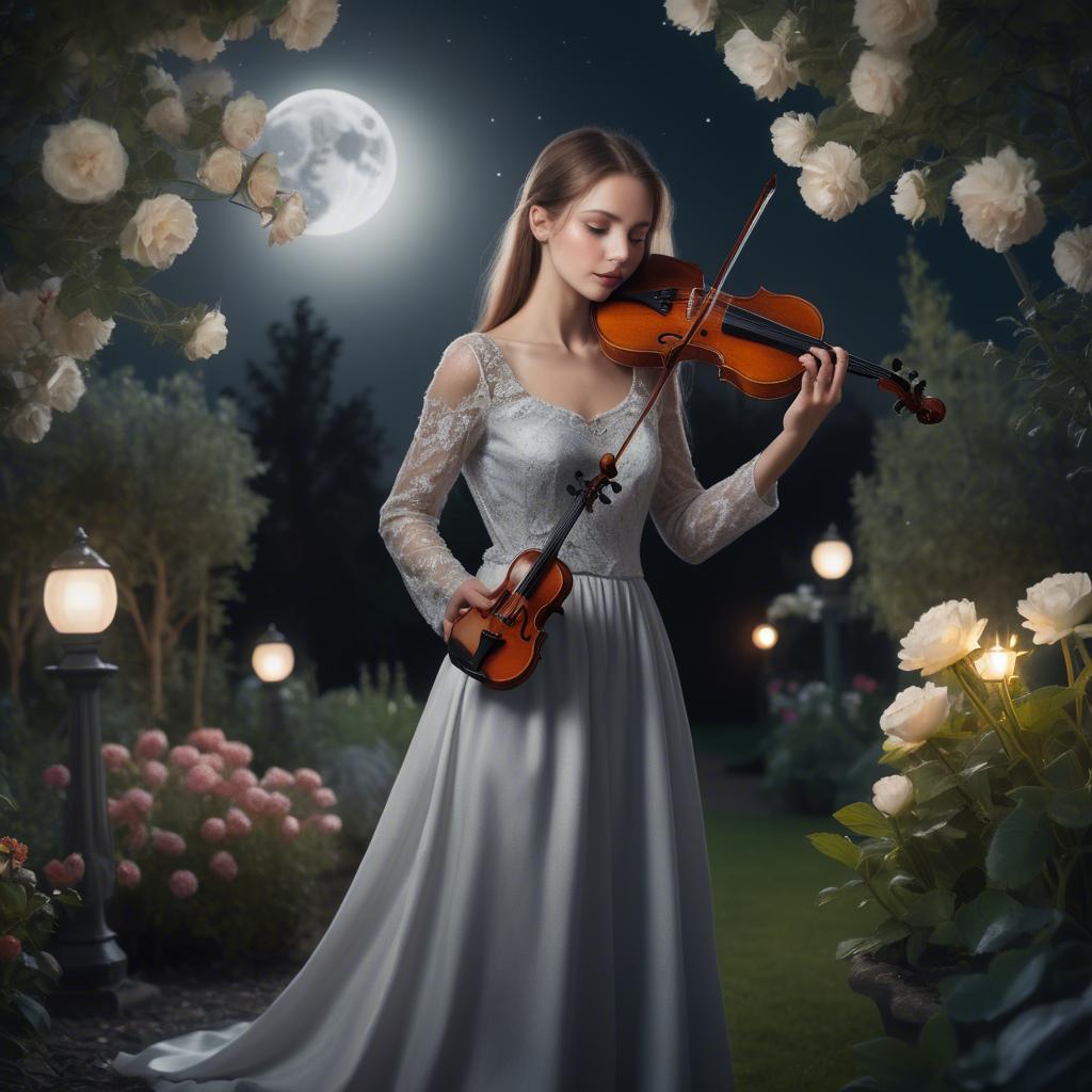 A stunning image of elegant girl with a violin in a moonlit garden.