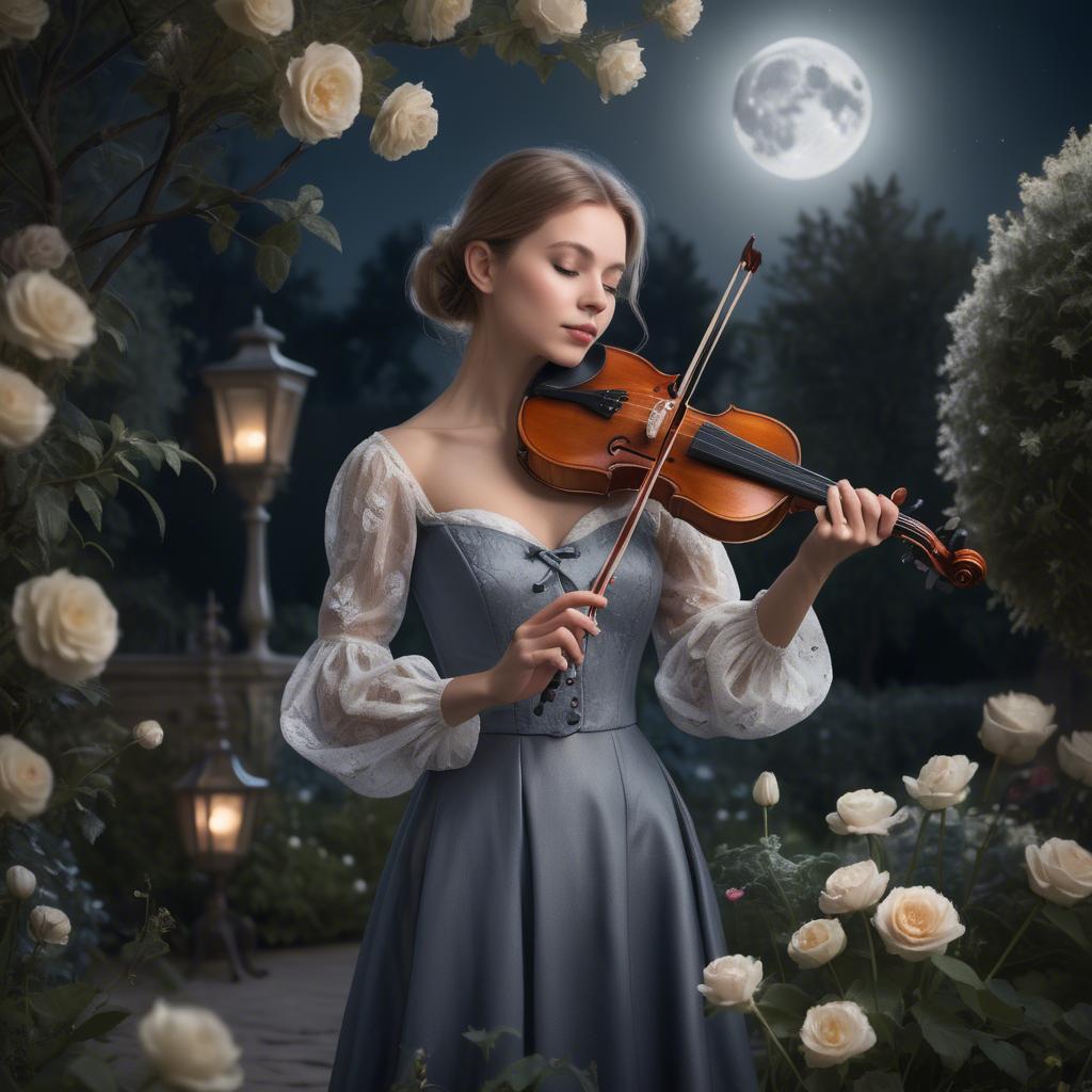 A stunning image of elegant girl with a violin in a moonlit garden.