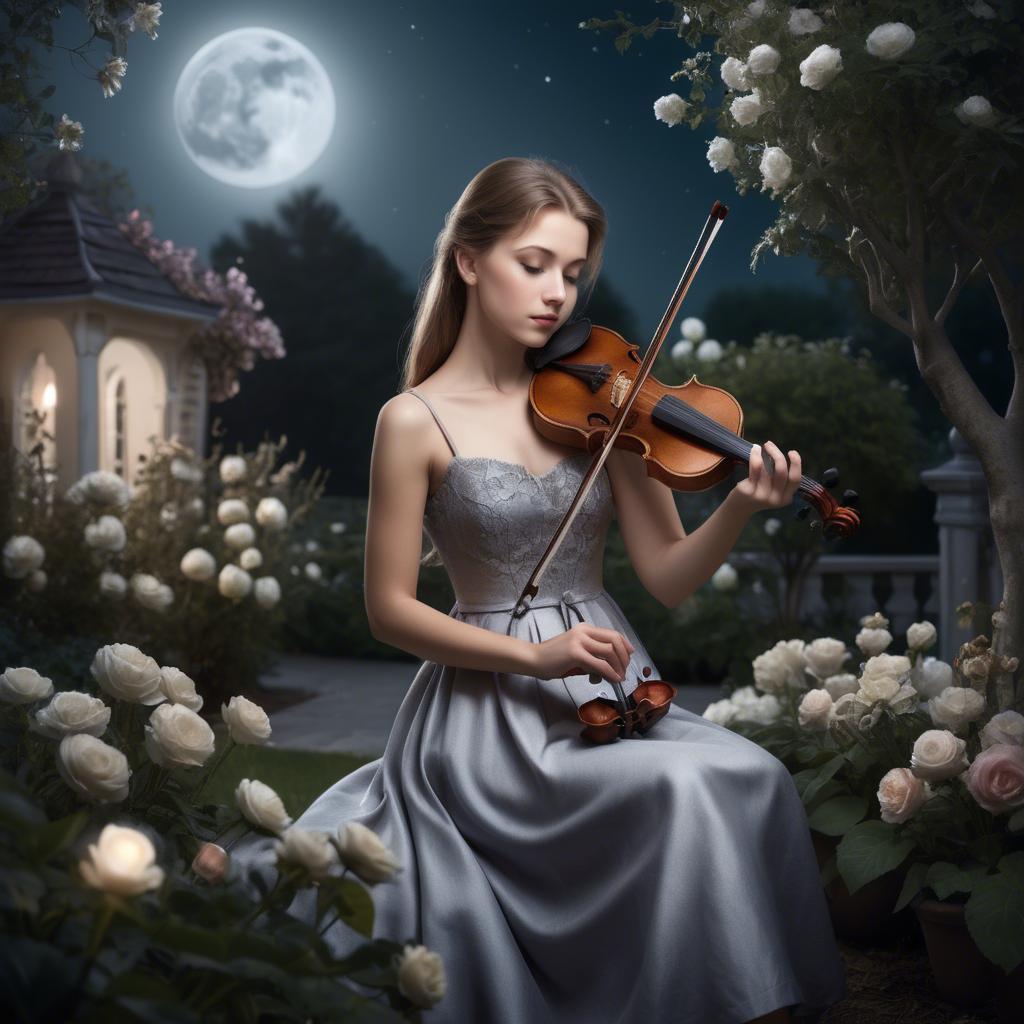 A stunning image of elegant girl with a violin in a moonlit garden.