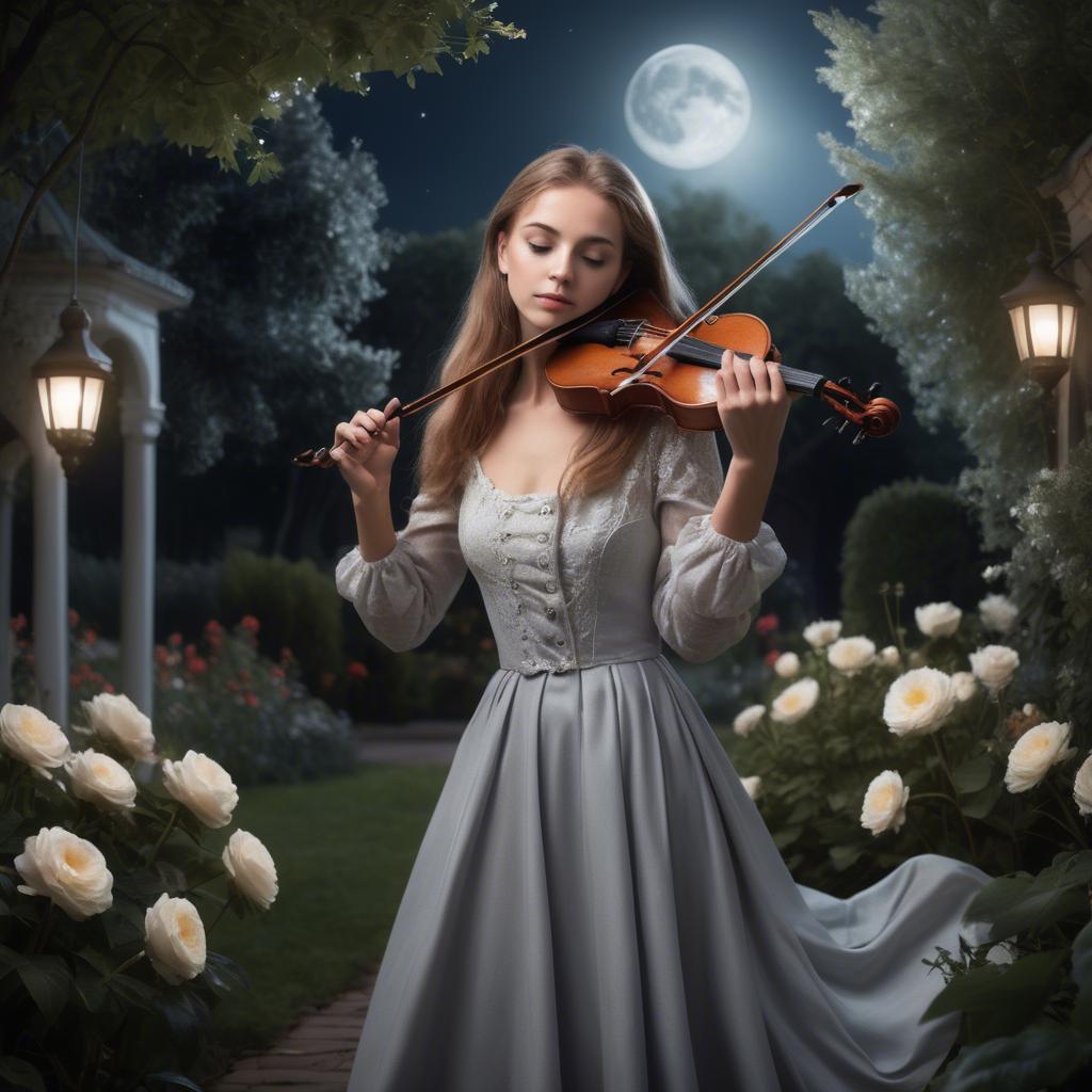 A stunning image of elegant girl with a violin in a moonlit garden.