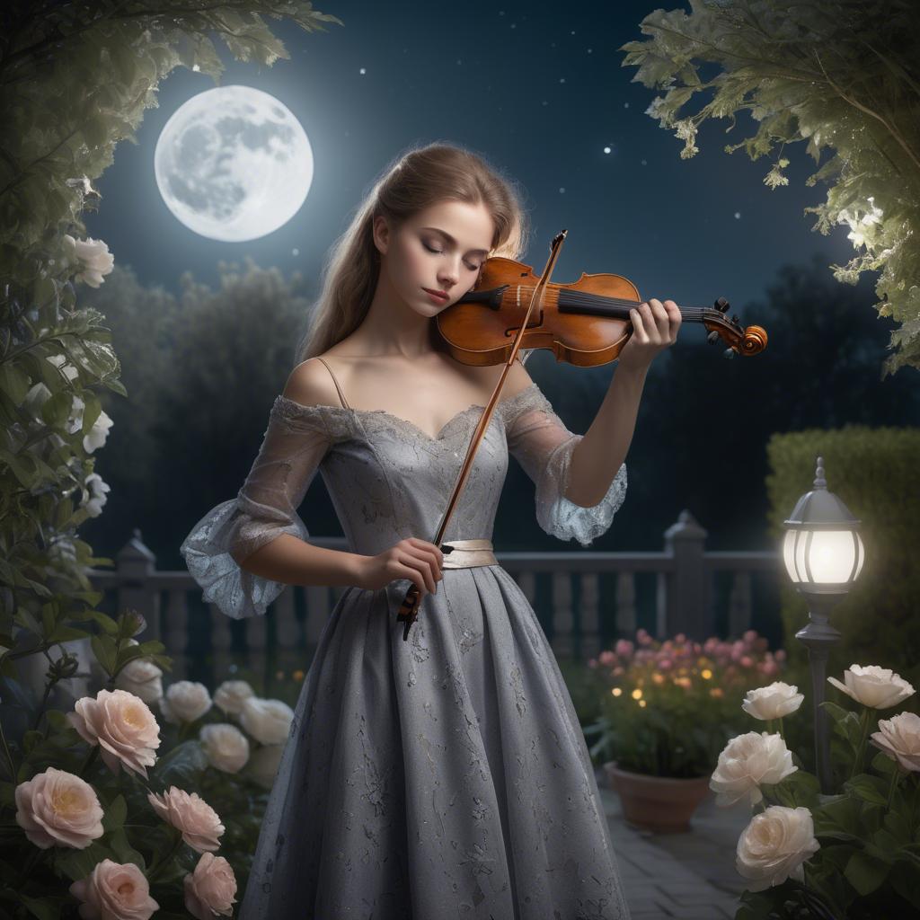 A stunning image of elegant girl with a violin in a moonlit garden.