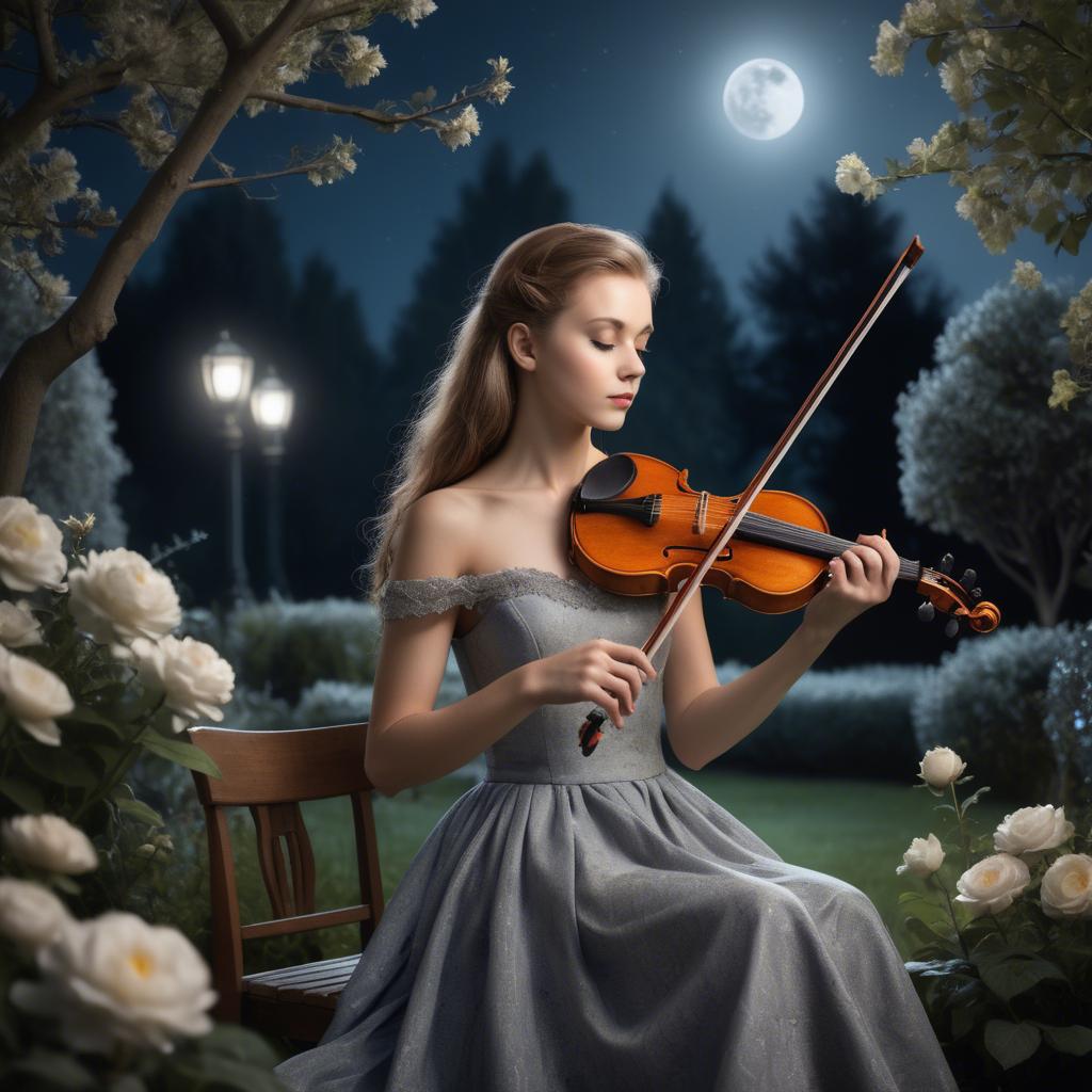 A stunning image of elegant girl with a violin in a moonlit garden.