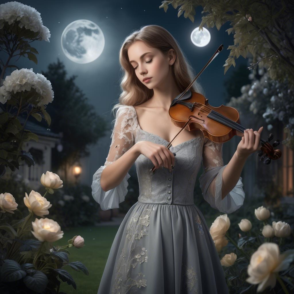 A stunning image of elegant girl with a violin in a moonlit garden.
